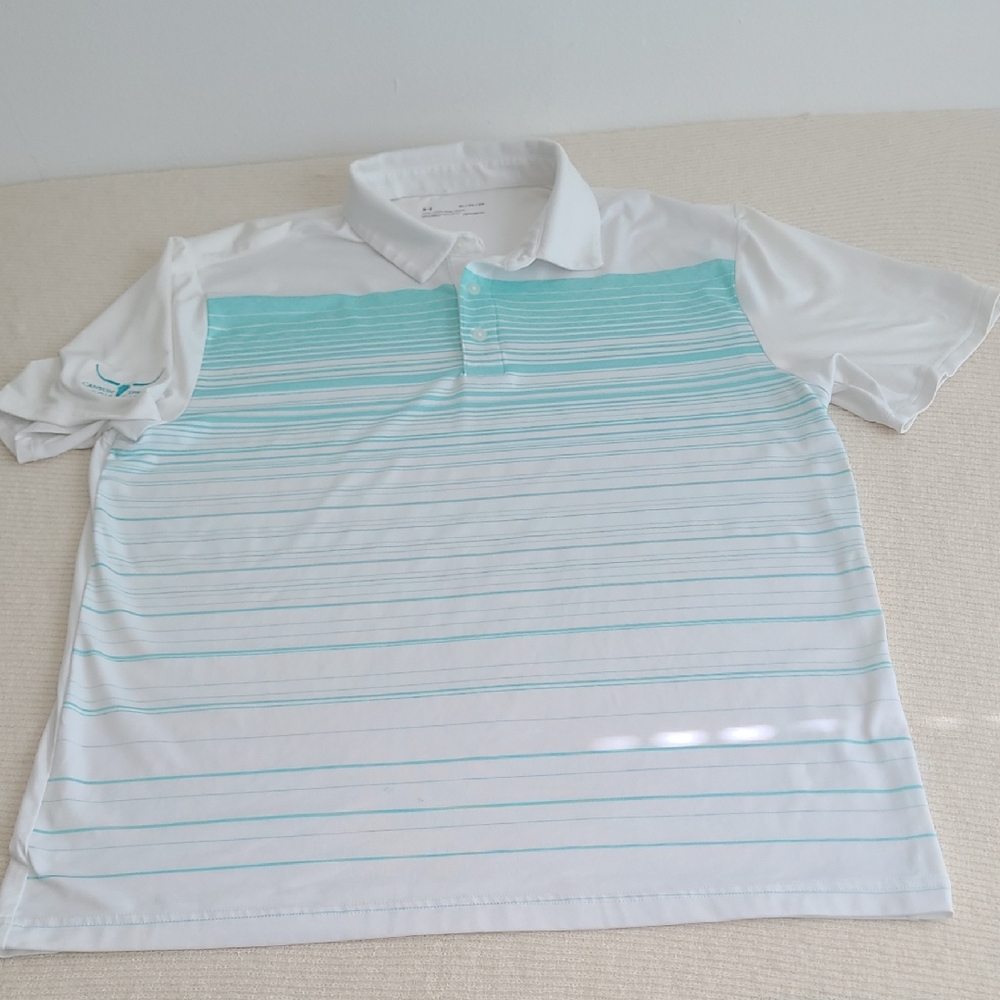 Under Armour Shirt Mens XL Polo White With Light Blue/Aqua Stripes